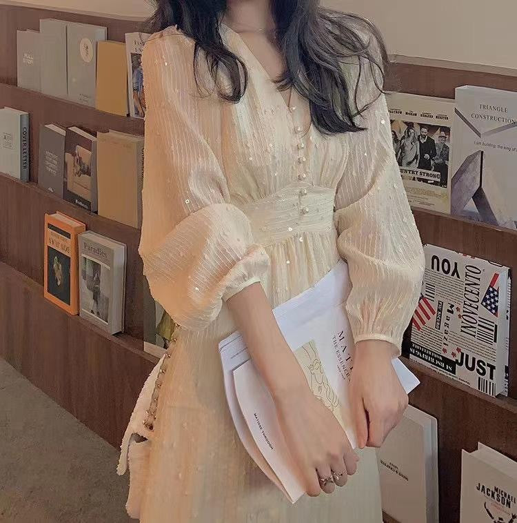 Robe midi vintage à manches bouffantes – Élégante robe femme coréenne à sequins pour mariage et soirées