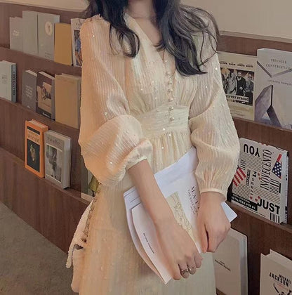 Robe midi vintage à manches bouffantes – Élégante robe femme coréenne à sequins pour mariage et soirées