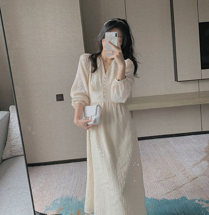 Robe midi vintage à manches bouffantes – Élégante robe femme coréenne à sequins pour mariage et soirées