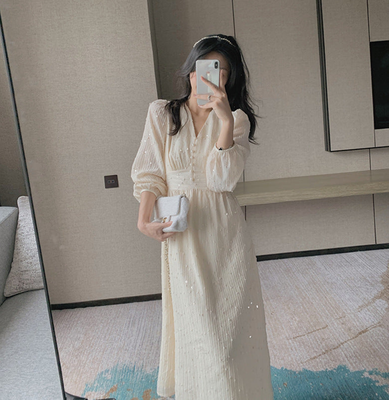 Robe midi vintage à manches bouffantes – Élégante robe femme coréenne à sequins pour mariage et soirées