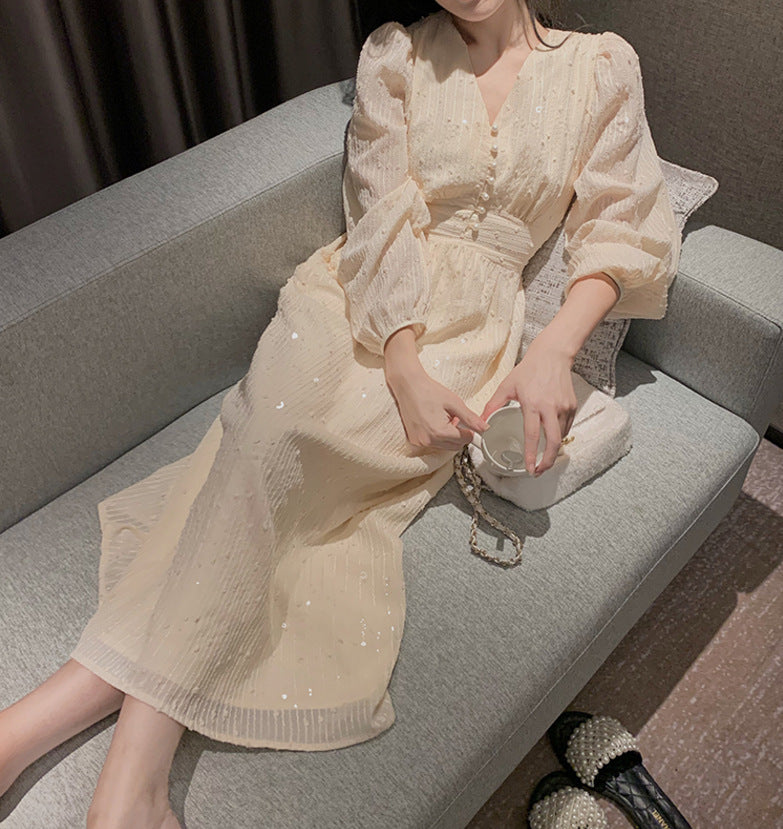 Robe midi vintage à manches bouffantes – Élégante robe femme coréenne à sequins pour mariage et soirées