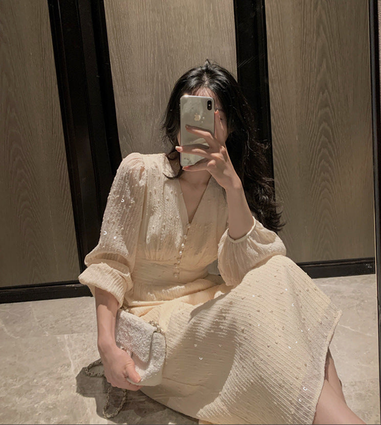 Robe midi vintage à manches bouffantes – Élégante robe femme coréenne à sequins pour mariage et soirées