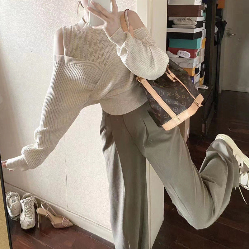 Pull femme à col montant mi-haut et épaules dénudées - Style tricot creux 2-en-1