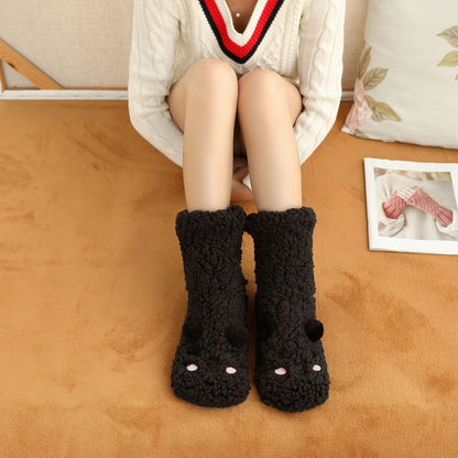 Chaussons en velours d’agneau avec ours brodé - Chaussettes chaudes et mignonnes