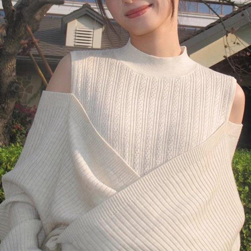 Pull femme à col montant mi-haut et épaules dénudées - Style tricot creux 2-en-1