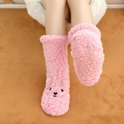 Chaussons en velours d’agneau avec ours brodé - Chaussettes chaudes et mignonnes