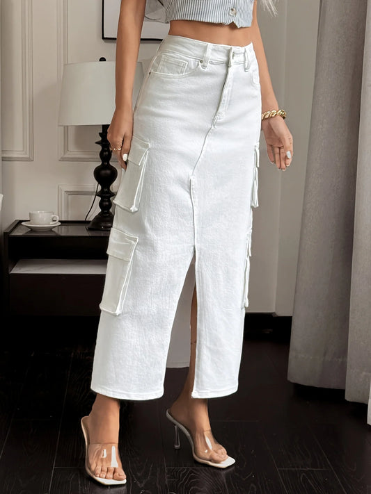 White High Waist Cargo Denim Skirt for Women Split Hem Long Jeans Skirt Streetwear Fashion Casual Pants Clothing Summer Outfit