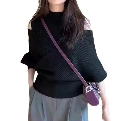 Pull femme à col montant mi-haut et épaules dénudées - Style tricot creux 2-en-1